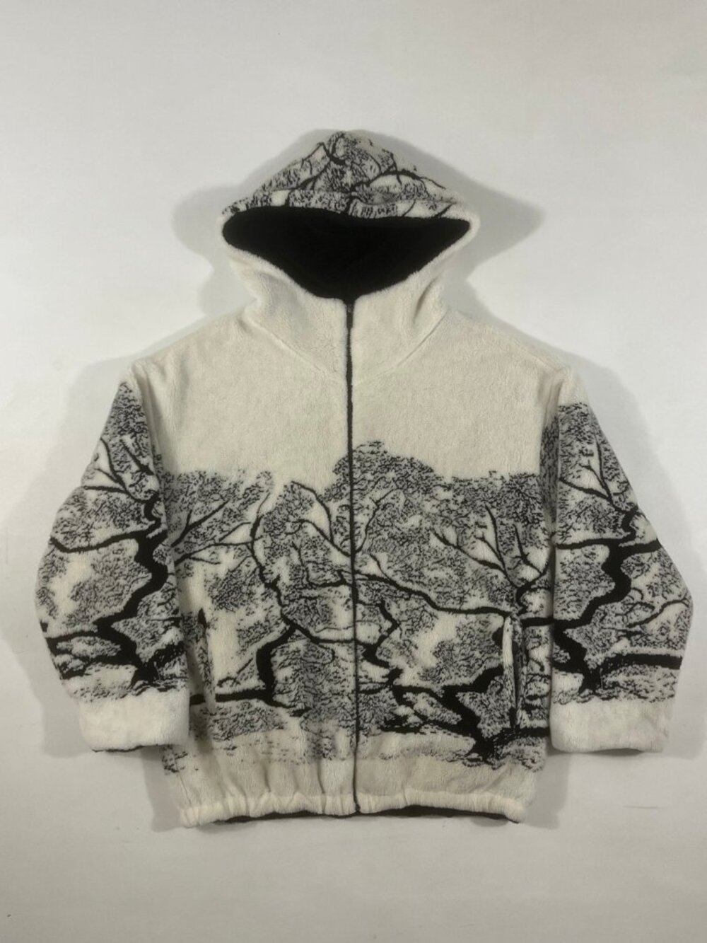 Vintage Y2K Cream Black Tree Branch All Over Print Sherpa Fleece Full Zip Hoodie